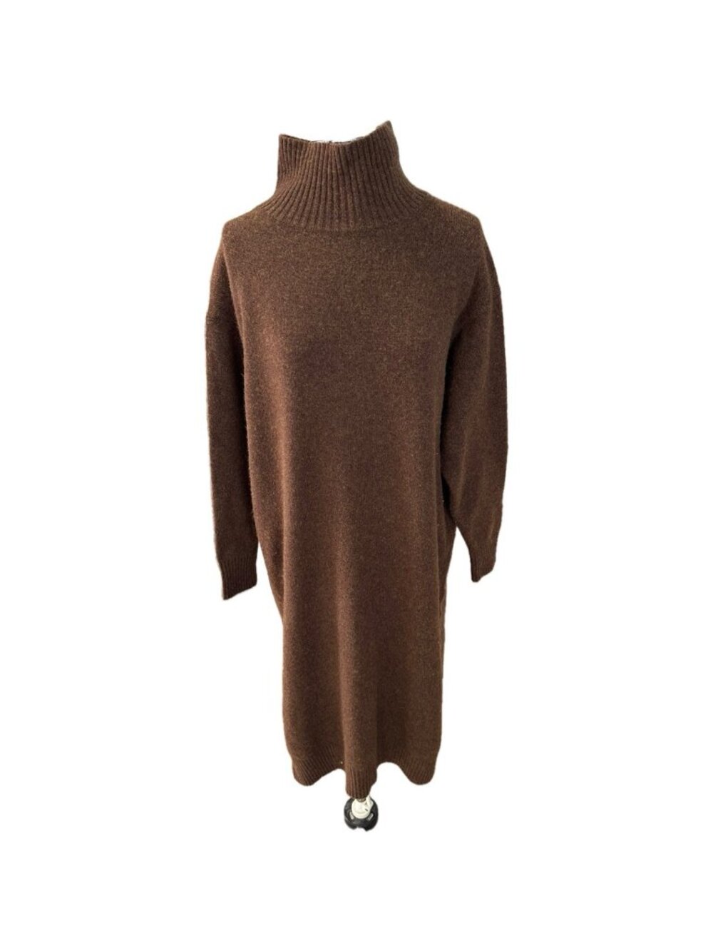 Uniqlo Ribbed Knit Sweater Dress Brown M Wool Blend Mock Neck Minimalist